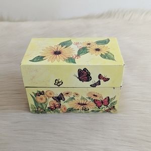Vintage metal yellow butterfly and floral print recipe card box